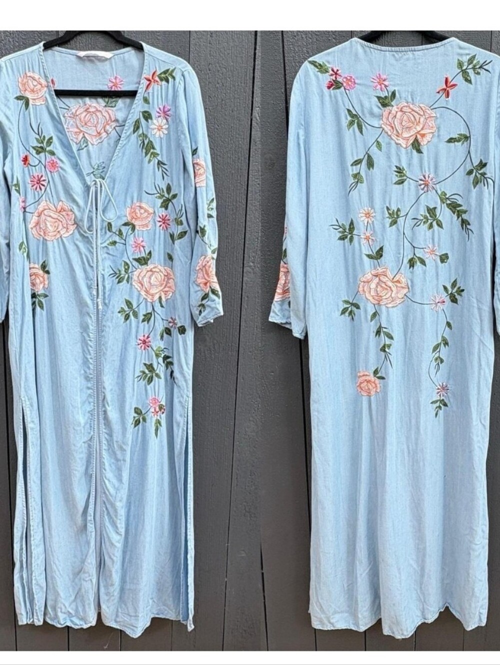 Zara Trafaluc Blue Embroidered Floral Maxi Kimono Duster Size M
